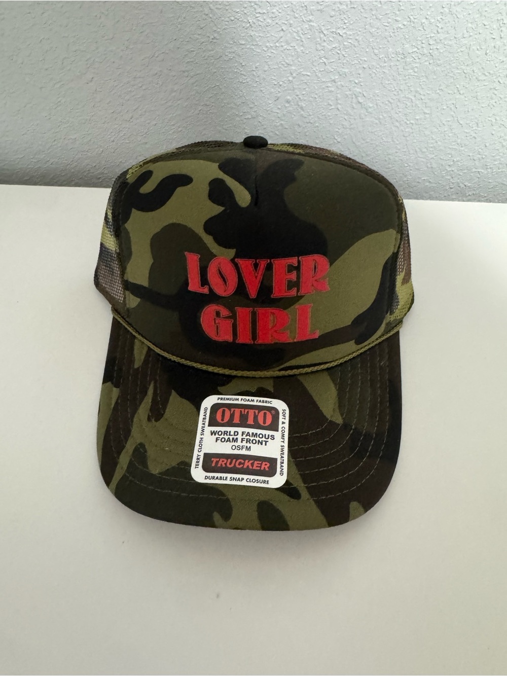 OTTO Camo Trucker Hat with Red "LOVER GIRL" Embroidery